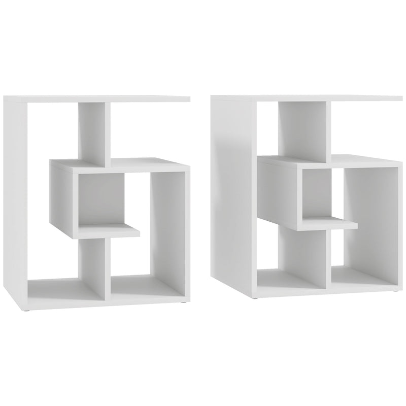 Set of 2 Three Tier Side Tables with Open Storage Shelves for Living Room or Bedroom, White