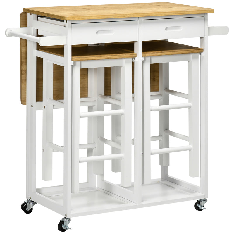 Kitchen Island Trolley with Storage Drawers and Drop Leaf Top with 2 Stools White