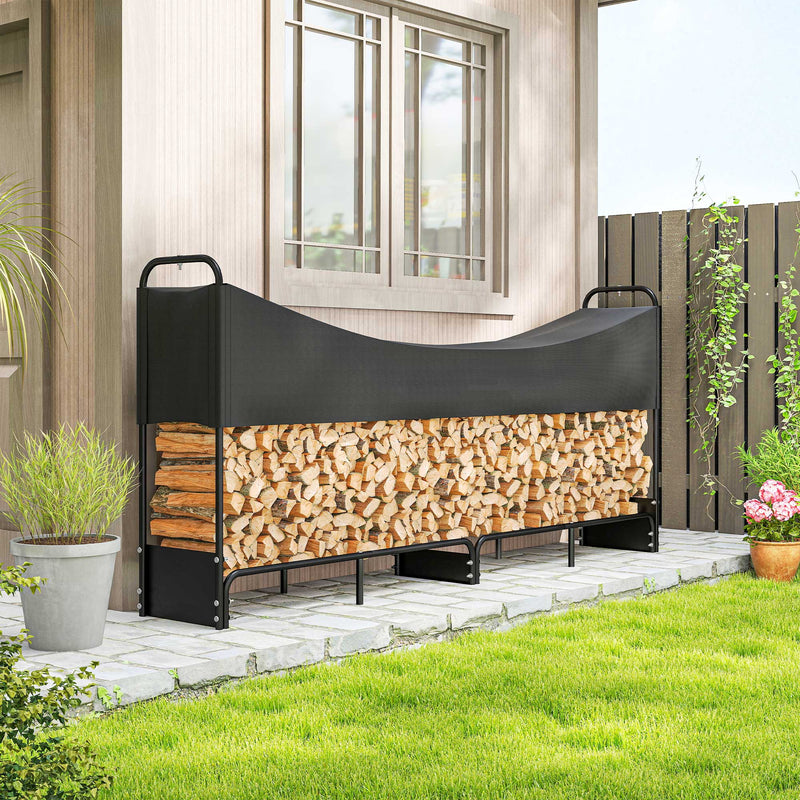 Heavy Duty Firewood Log Rack With Waterproof Cover For Outdoor Storage 300kg Black
