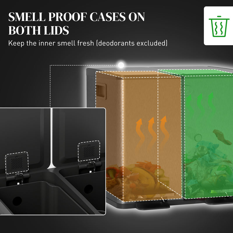 30L Dual Compartment Recycling Bin With Deodoriser Holders For Kitchen Use Black