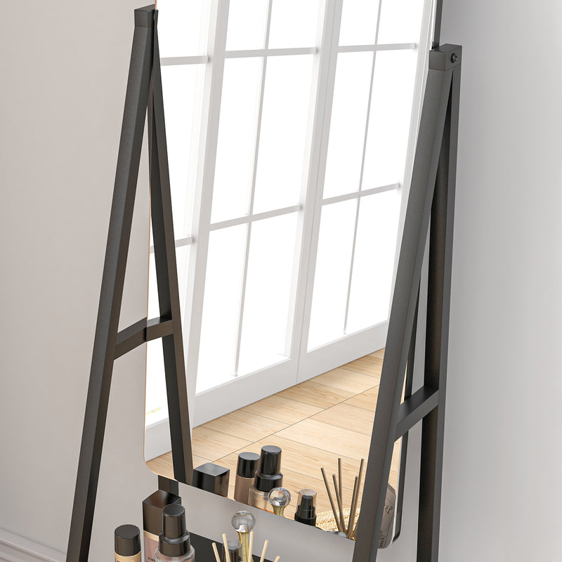 Full Length Dressing Mirror on Wheels with Adjustable Angle and Storage Shelves, White
