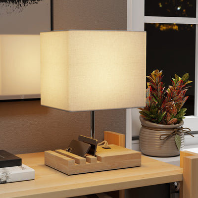Modern Bedside Table Lamp with USB Charging Ports and Phone Stands for Bedroom White AOSOM