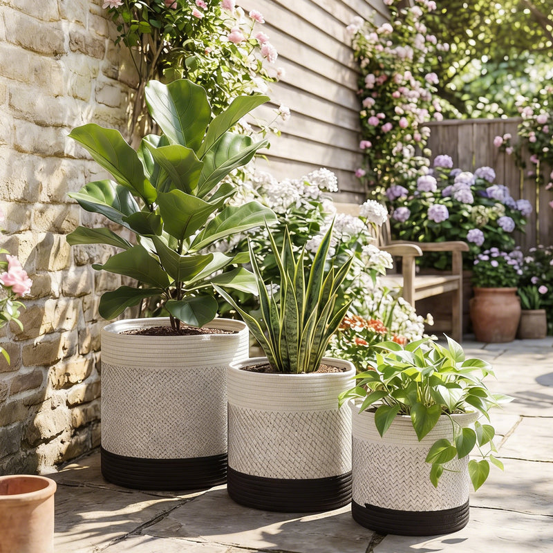 Set of 3 Handwoven Cotton Rope Plant Pots with Waterproof Liner for Indoor or Outdoor Use White AOSOM