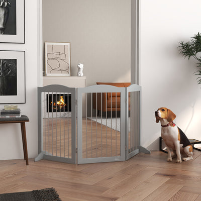 Freestanding Foldable Dog Gate with Support Feet for Stairs and Doorways Grey
