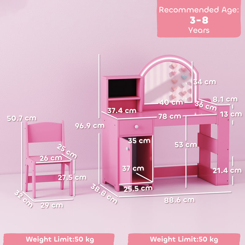 Kids Dressing Table and Chair Set with LED Mirror and Storage for Bedroom Playtime, Pink AOSOM