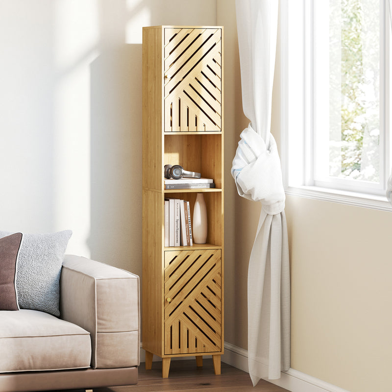 Tall Bathroom Storage Cabinet With Shelves and Cupboard Ideal for Small Spaces, Natural