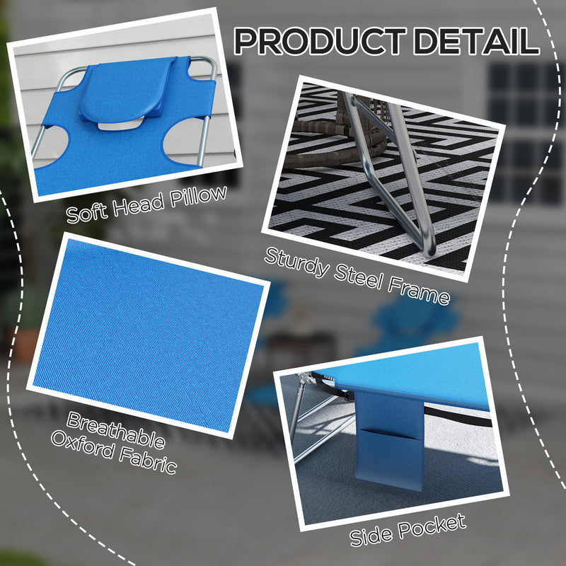 Set of 2 Blue Foldable Sun Loungers with Reading Hole and 5 Position Adjustable Backrest