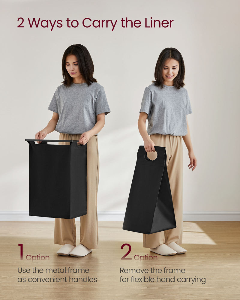 women demonstrating two ways to carry a black laundry liner with metal frame.