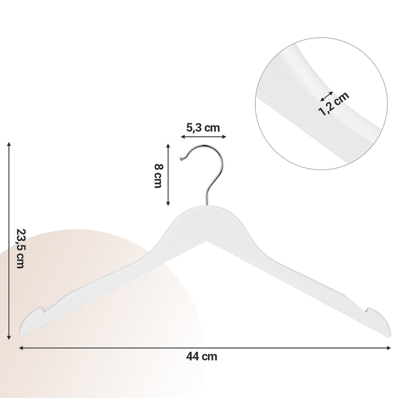 Labelled dimensions diagram of the hanger showing 44 cm width and 23.5 cm height