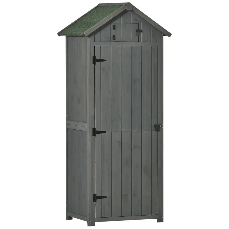 Grey wooden sentry box shed with a green apex roof and closed door, shown at an angle on a white background
