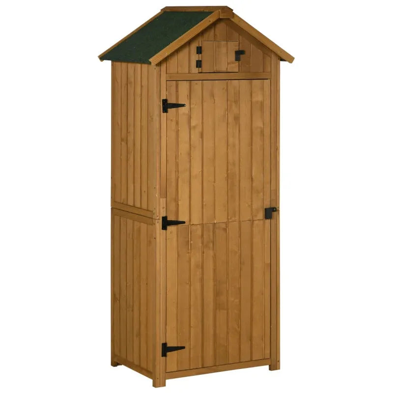Natural brown wooden sentry box shed with a green apex roof and closed door, shown at an angle on a white background