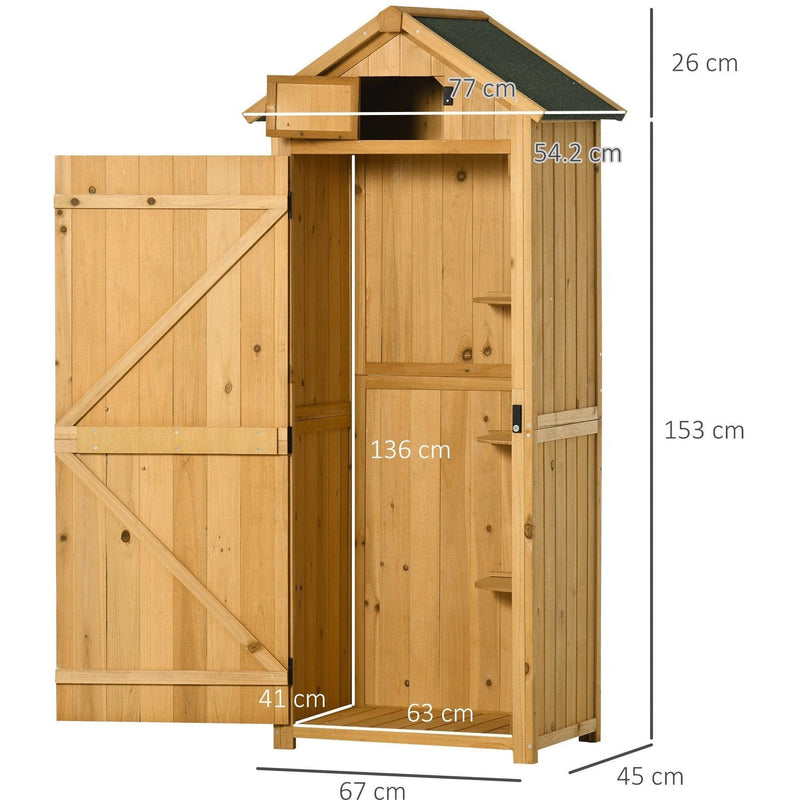Dimension diagram of the natural wood shed with 153 cm eave height and 26 cm gable