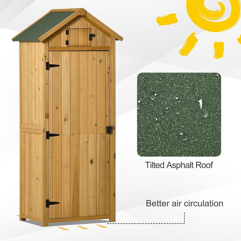 Natural wood sentry box shed with an asphalt roof close-up and raised feet for air flow