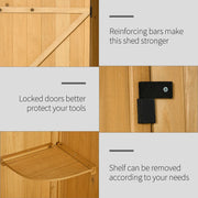 Natural wood shed detail panels showing reinforcing bars, door latch and removable shelf