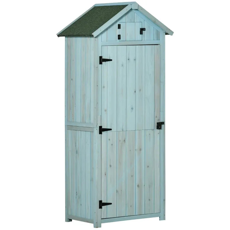 Pale blue wooden sentry box shed with a green apex roof and closed door, shown at an angle on a white background