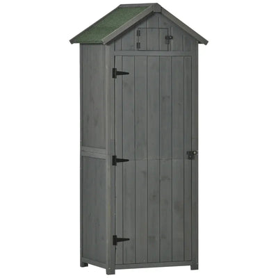 Grey wooden sentry box shed with a green apex roof and closed door, shown at an angle on a white background