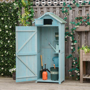Blue sentry box shed with its door open in a garden, garden tools stored inside