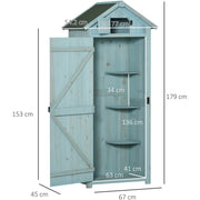 Dimension diagram of the blue shed showing 179 cm height and 34 cm shelf spacing