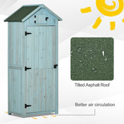 Blue sentry box shed with an asphalt roof close-up and raised feet for air flow