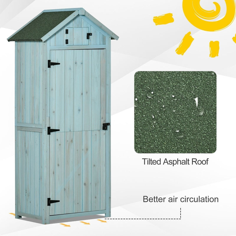 Blue sentry box shed with an asphalt roof close-up and raised feet for air flow