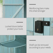 Blue shed detail panels showing reinforcing bars, door latch and a removable corner shelf