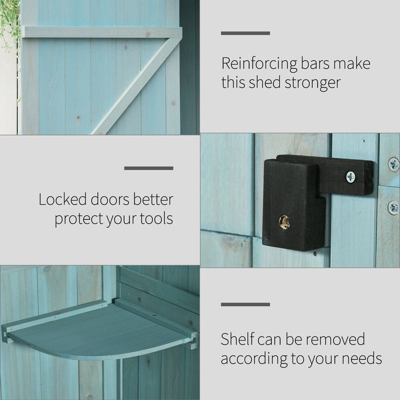 Blue shed detail panels showing reinforcing bars, door latch and a removable corner shelf