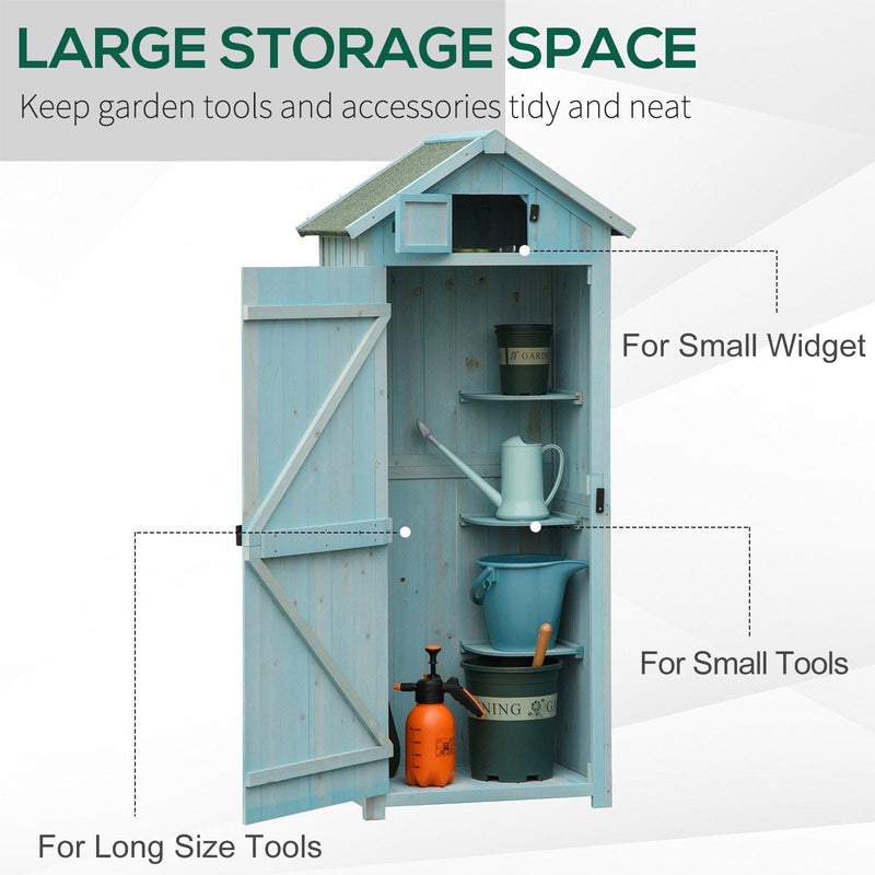 Cutaway of the blue shed labelling storage zones for long tools, small tools and gadgets