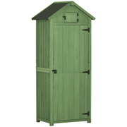 Green wooden sentry box shed with the door closed on a white background