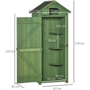 Dimension diagram of the green shed showing 67 cm cabinet width and 45 cm depth