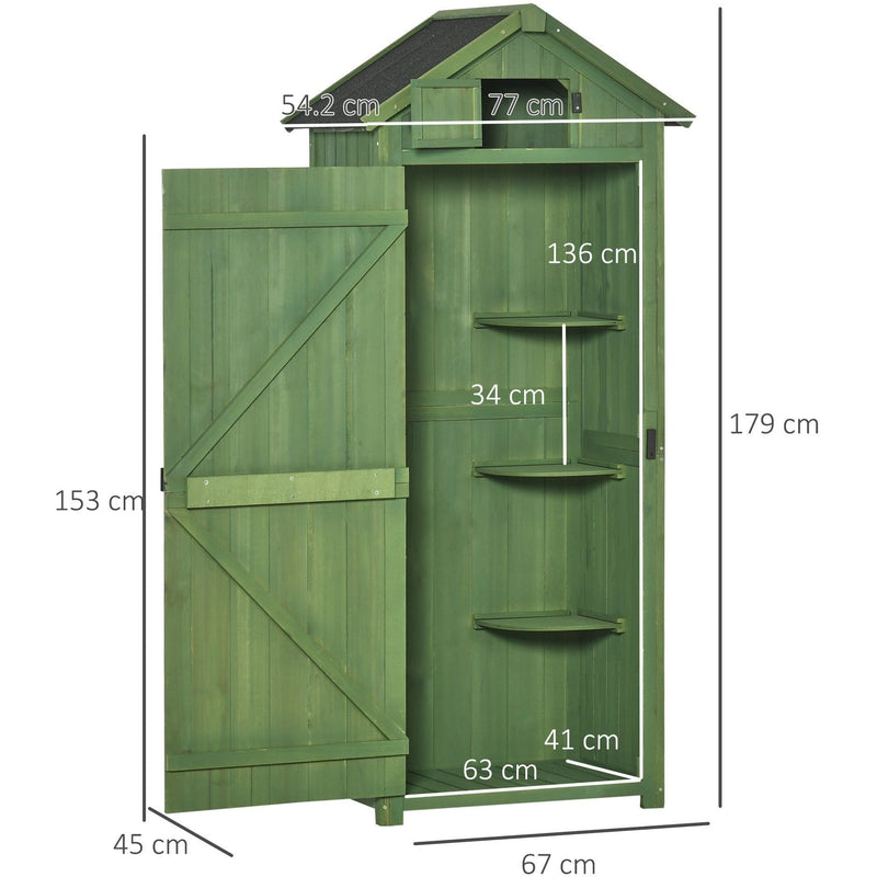 Dimension diagram of the green shed showing 67 cm cabinet width and 45 cm depth