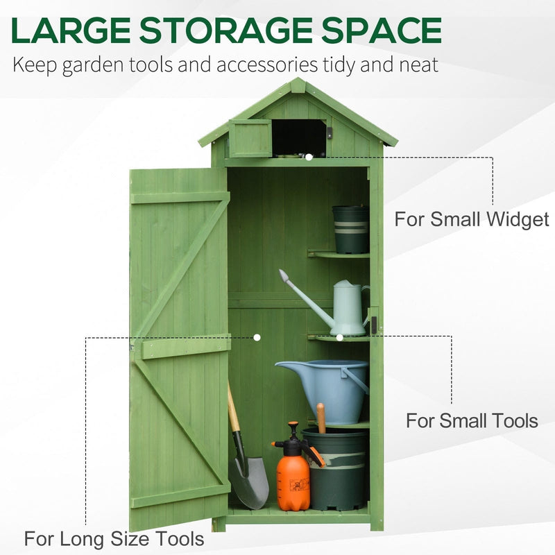 Cutaway of the green shed labelling storage zones for long tools and small tools