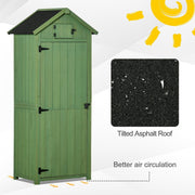 Green sentry box shed with a black asphalt roof close-up and raised feet for air flow