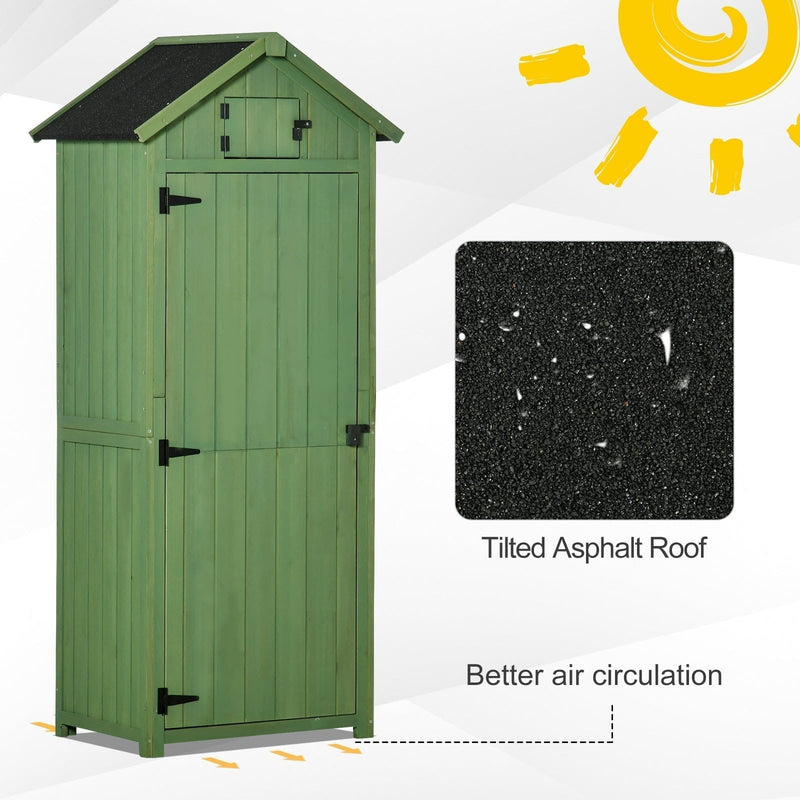 Green sentry box shed with a black asphalt roof close-up and raised feet for air flow