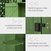 Green shed detail panels showing reinforcing bars, door latch and a removable shelf