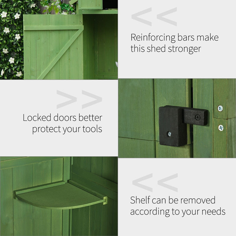 Green shed detail panels showing reinforcing bars, door latch and a removable shelf