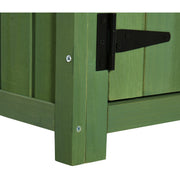 Close-up of the green shed corner joint, black T-hinge and raised foot