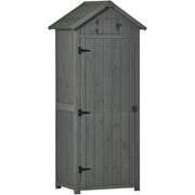 Grey sentry box shed shown from an angle with the door closed on a white background