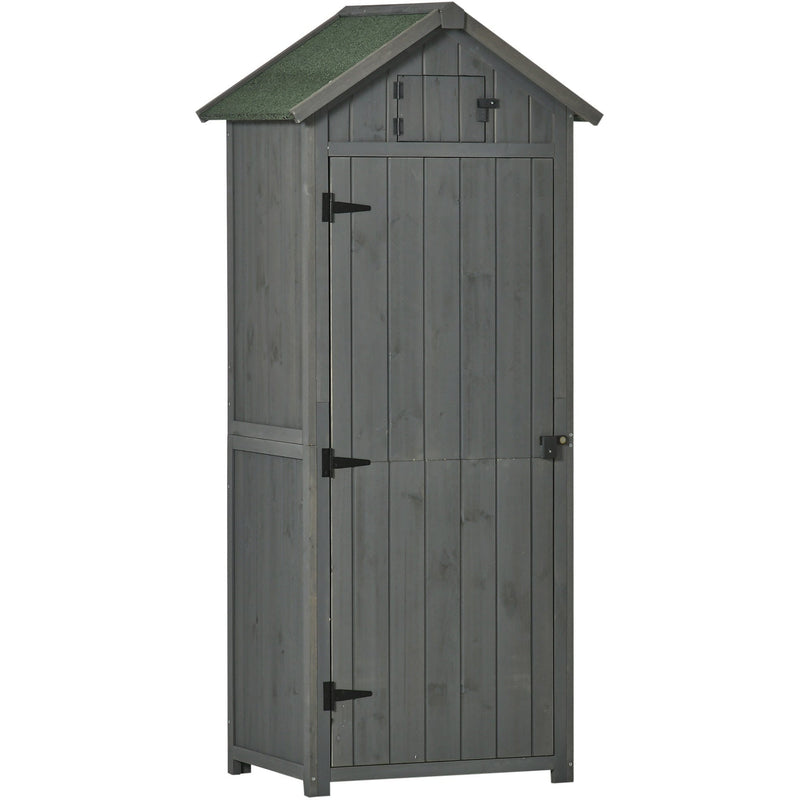 Grey sentry box shed shown from an angle with the door closed on a white background