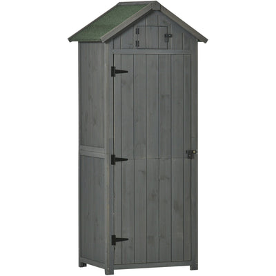 Grey sentry box shed shown from an angle with the door closed on a white background