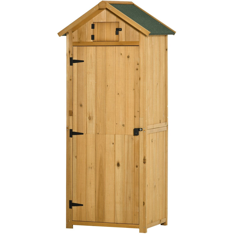 Natural wood sentry box shed shown from an angle with the door closed