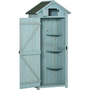 Blue sentry box shed with the door open showing three corner shelves and open gable hatch