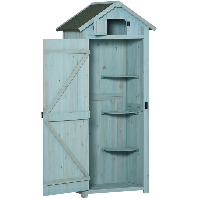Blue sentry box shed with the door open showing three corner shelves and open gable hatch