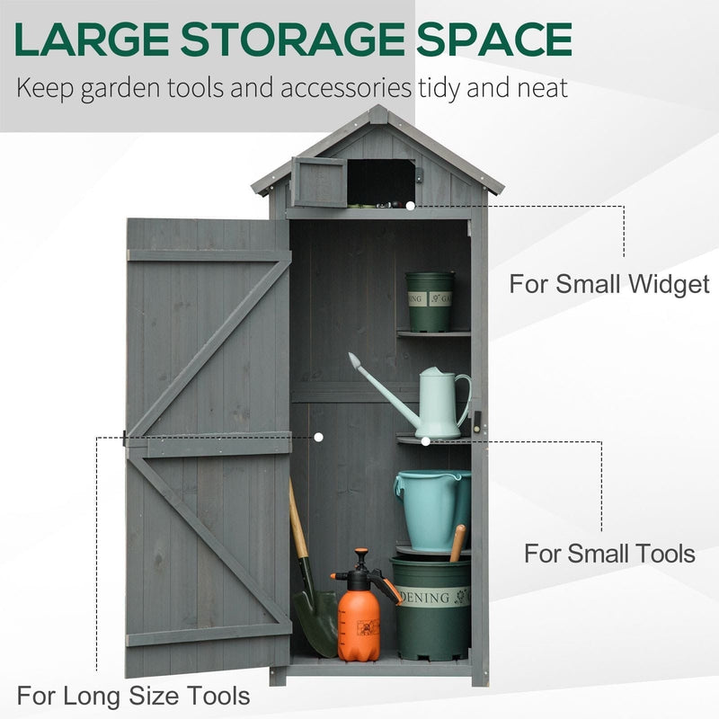 Cutaway of the grey shed labelling storage zones for long tools, small tools and gadgets