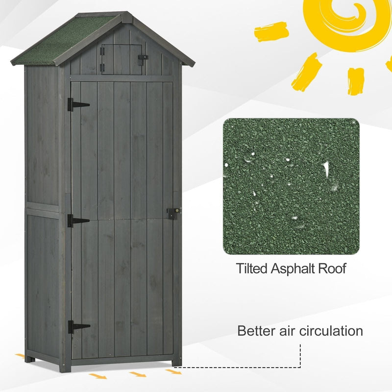 Grey sentry box shed shown with an asphalt roof close-up and raised feet for air flow