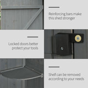Grey shed detail panels showing reinforcing bars, door latch and a removable corner shelf
