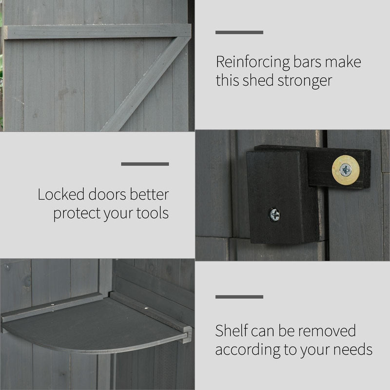 Grey shed detail panels showing reinforcing bars, door latch and a removable corner shelf