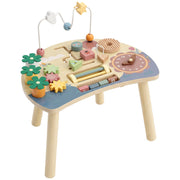Wooden baby activity table with beads, gears, flowers and clock on a white background