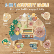 Top view of the 6-in-1 activity table labelling bead maze, sound maker, carrot, spinning gears, flip blocks and rotating clock