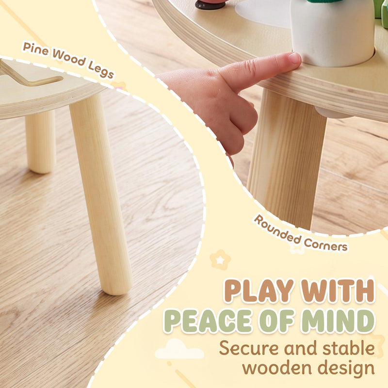 Close-up of a pine wood table leg and rounded tabletop corner with a hand pointing