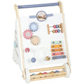 White wooden baby walker with gears, bead abacus, bead maze and xylophone on a white background